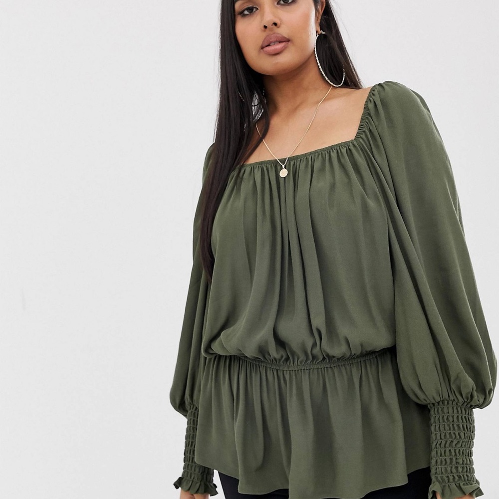 ASOS Curve Square Neck Shirred Sleeves Blouse